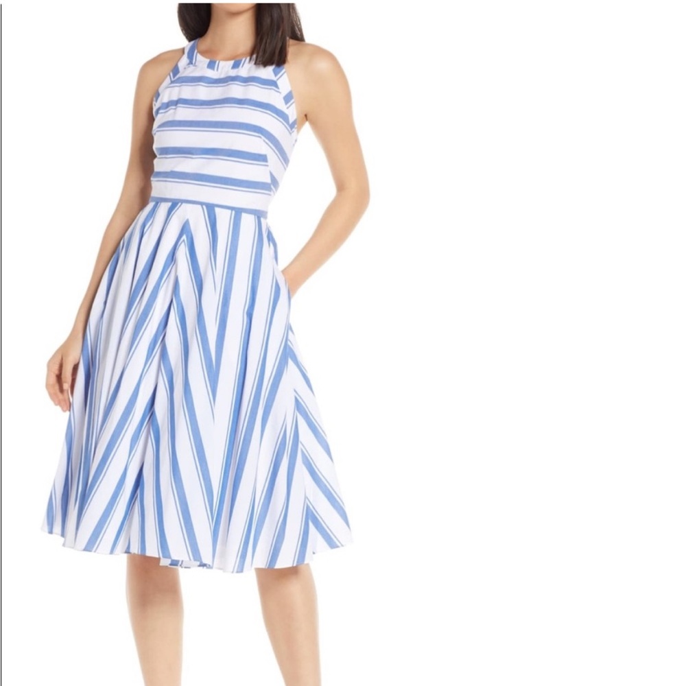 Eliza J Blue and White Striped Halter Open Back Dress